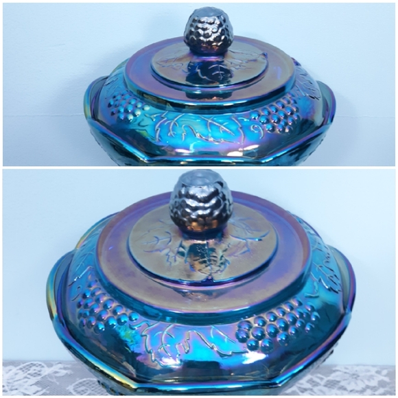 Indiana Blue Iridescent Carnival Glass Pedestal Compote Harvest Grape Purple Lid - Picture 10 of 16